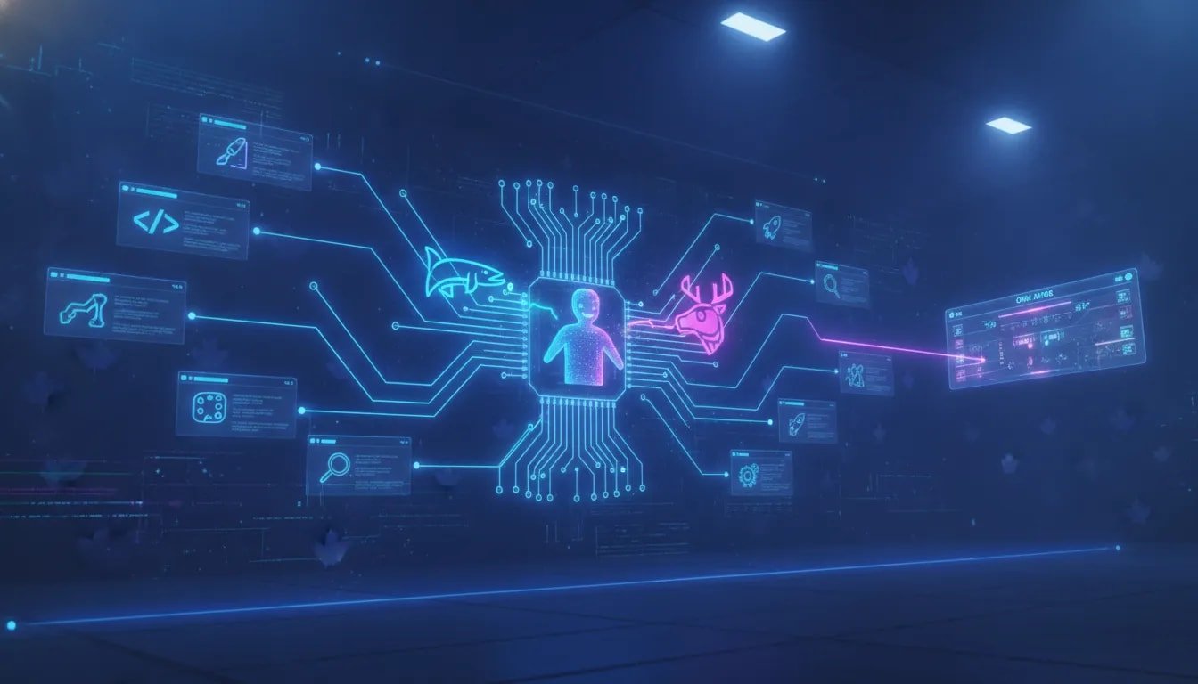 Futuristic holographic tournament scene showing an AI “coach” connecting code, testing, and deployment concepts for an online game built from an idea—no text.