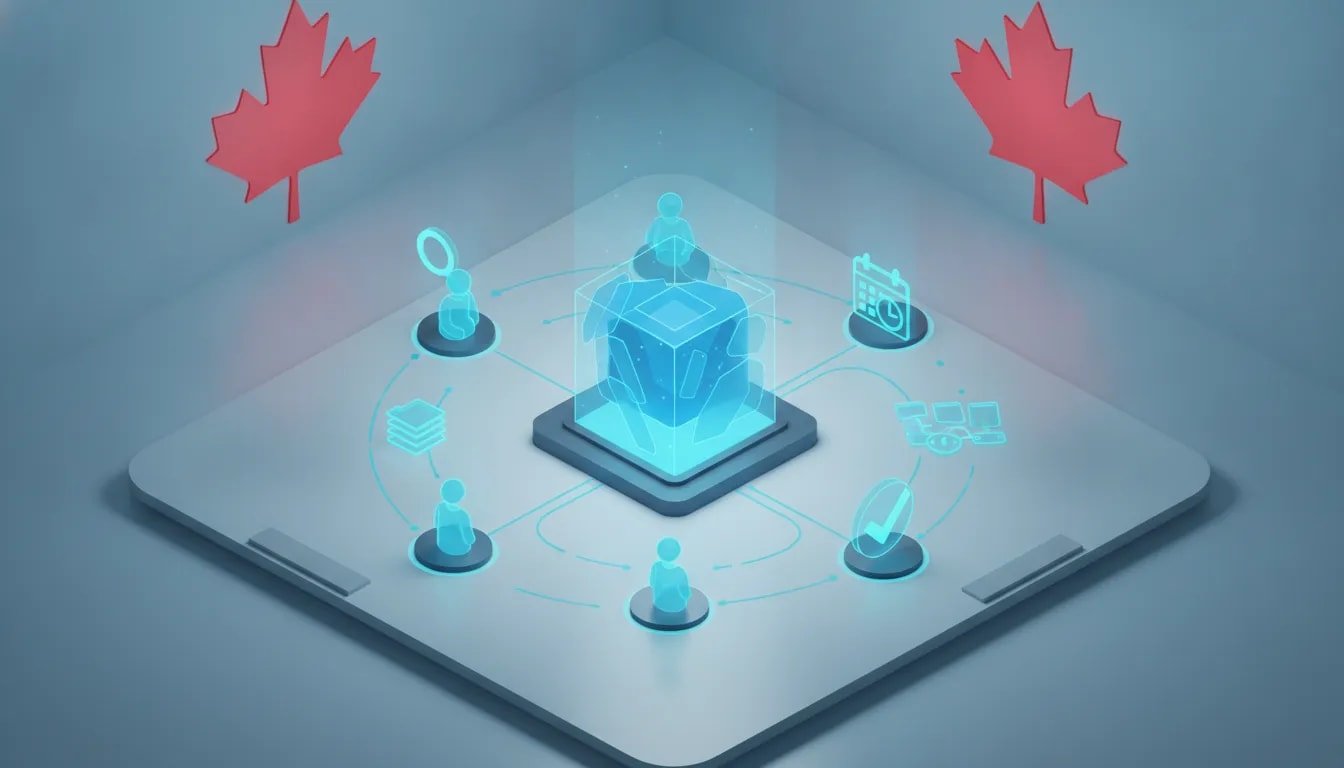 Illustration of a connected AI workforce with multiple holographic agents collaborating around a central hub, symbolizing research, organization, review, and automated execution.