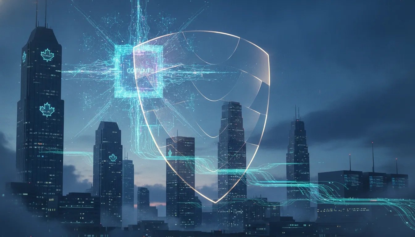 Futuristic Canadian skyline with a glowing AI compute core and an overlapping abstract governance shield, symbolizing the challenge of scaling frontier AI responsibly.