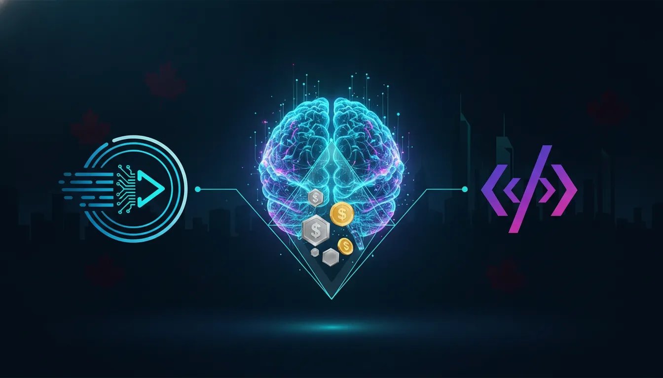 Holographic AI brain with glowing circuits and abstract icons symbolizing speed, low-cost deployment, and coding capability for Canadian tech—no text.