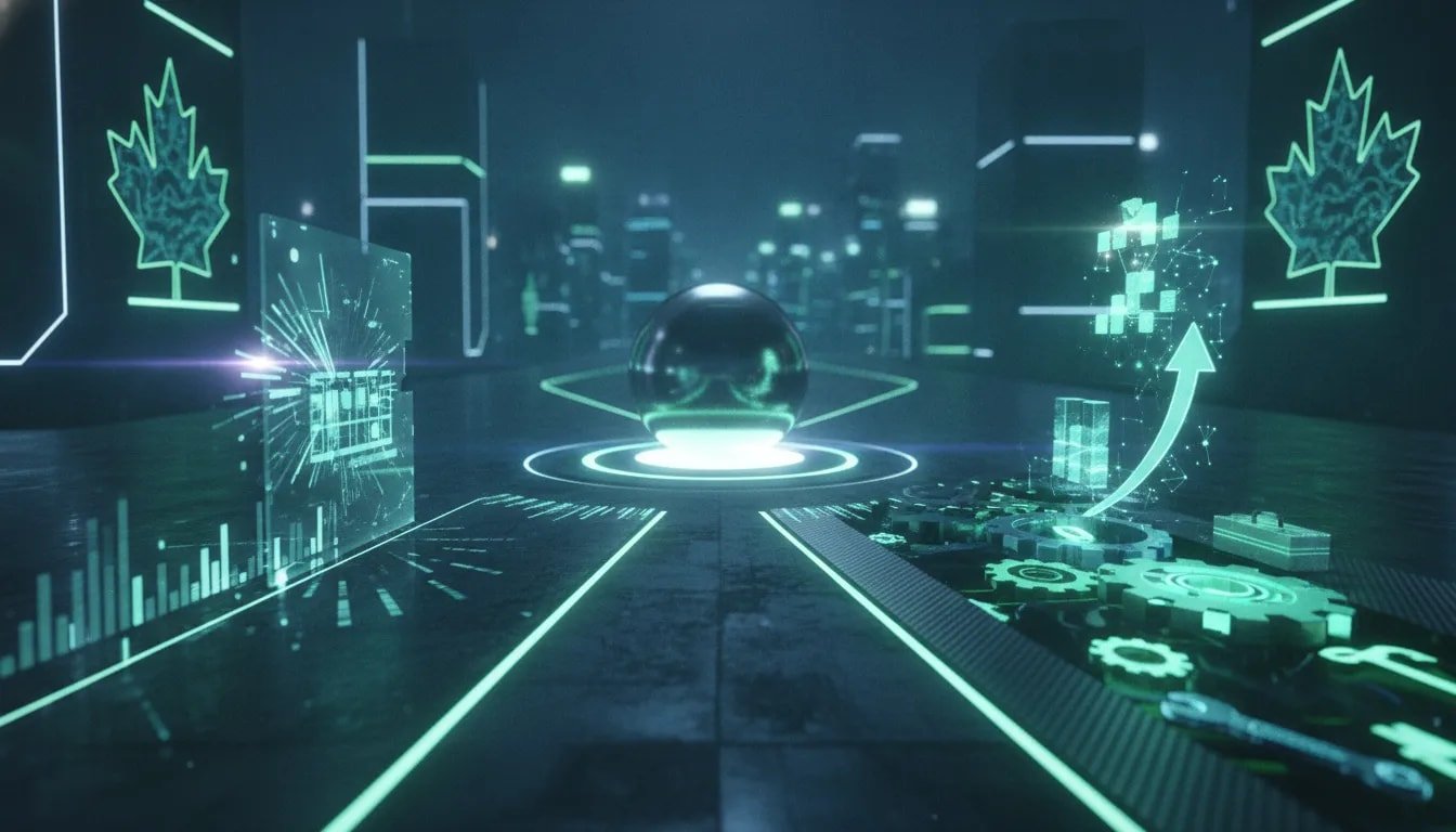 Futuristic Canadian tech scene showing an AI core with diverging paths toward benchmark hologram versus practical real-world business outcomes, no text