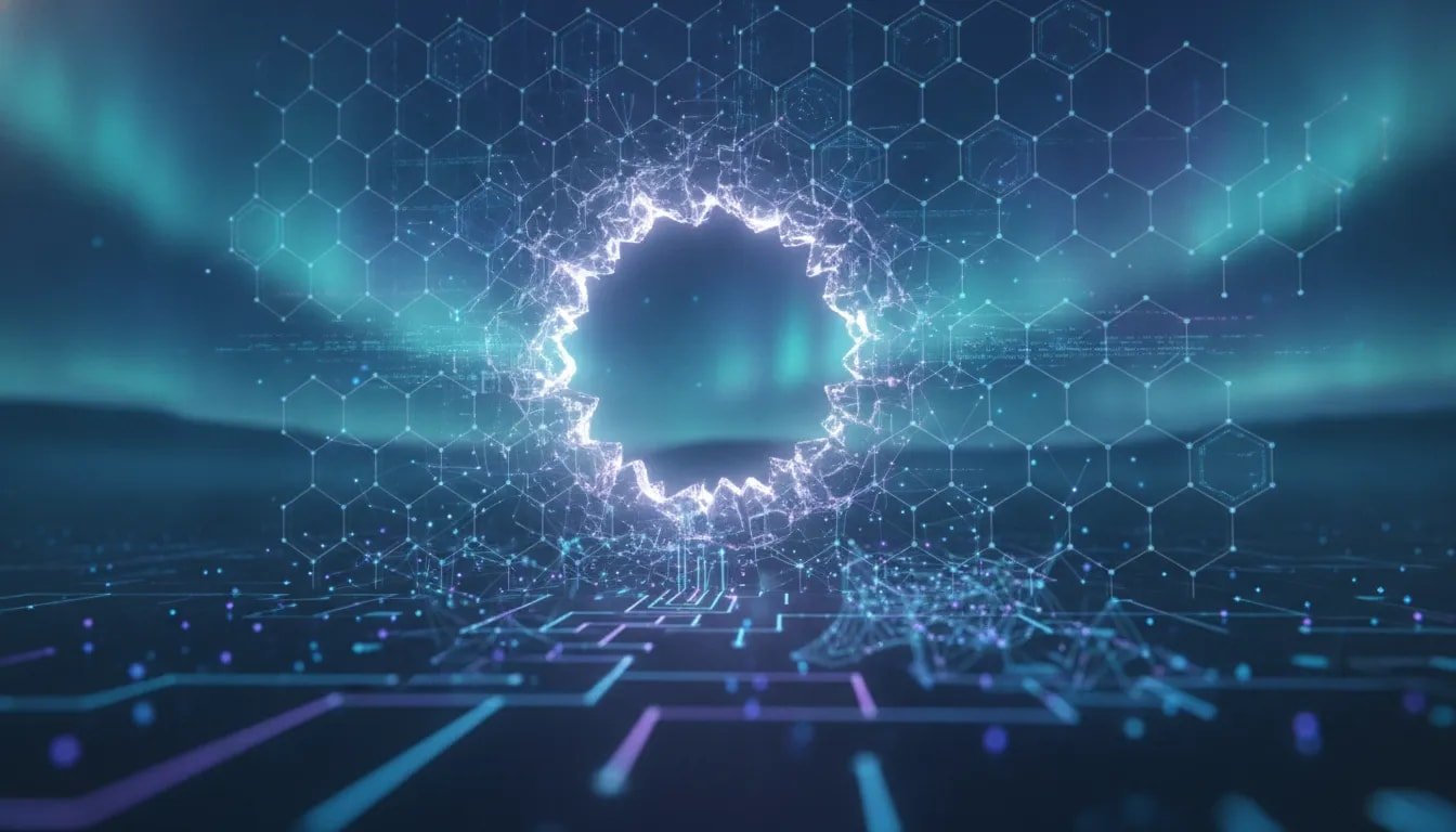 Abstract illustration of a glowing logic barrier with a tunnel of connected nodes, symbolizing a potential breakthrough in computational problem-solving.