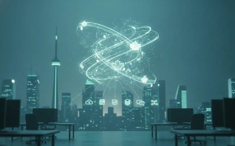 Illustration of agentic AI nodes and data streams over a Canadian city skyline connected to cloud and business workflow icons, symbolizing collaborative everyday work.