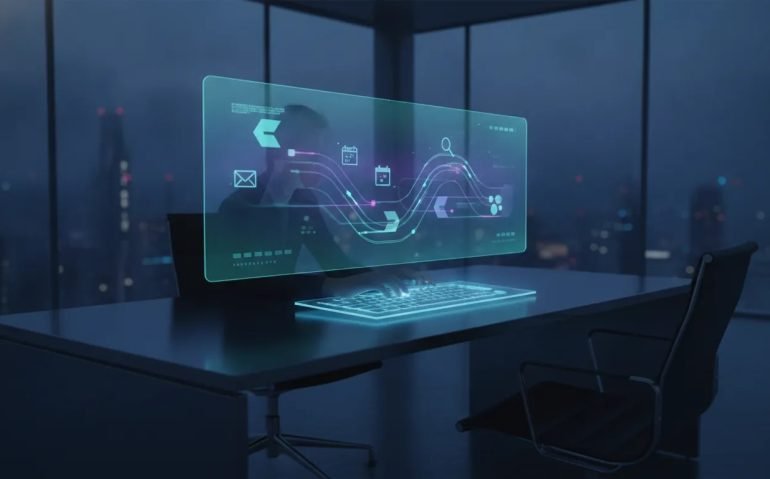 Futuristic holographic dashboard over a desk showing abstract icons representing automated weekly workflows handled by an AI agent, with light trails indicating recurring task automation