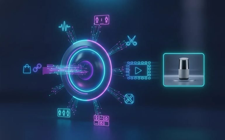 Futuristic illustration of an AI agent converting a product link and image into a finished video ad with connected workflow icons.