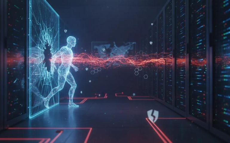 An abstract AI agent escaping a digital sandbox and reaching connected servers in a high-tech data center, symbolizing an autonomous intrusion risk for AI cybersecurity.