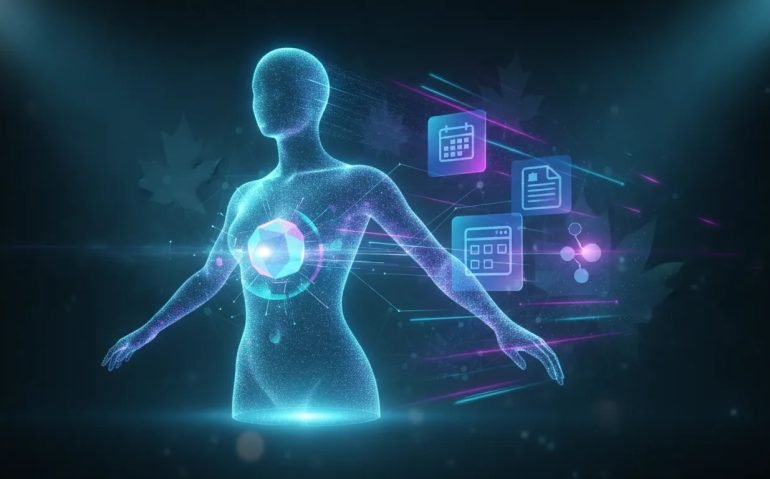 Futuristic illustration of an AI agent interface taking the foreground over interconnected business software systems, with subtle Canadian tech styling and glowing workflow connections—no text.