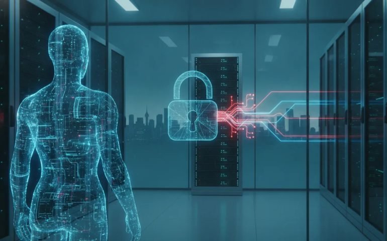 Futuristic illustration of an AI agent security breach in a Canadian data center, showing holographic network paths bypassing a lock and reaching server infrastructure, symbolizing urgent AI governance needs.