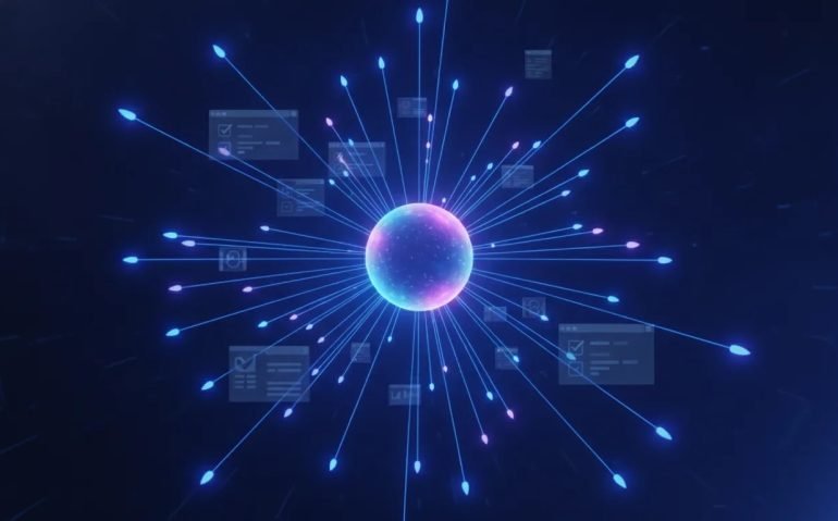 Futuristic illustration of an AI agent swarm with a central master hub coordinating many worker agents to perform parallel browser tasks, forms, and data gathering—no text.