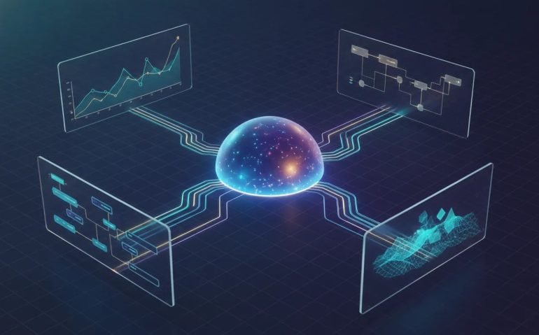 Futuristic illustration of an AI agent system converting a central prompt into charts, diagrams, workflows, and a 3D visual environment, all shown with interconnected glowing visual panels and no text.