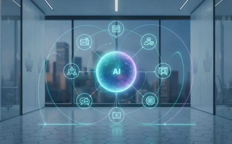 Abstract illustration of an AI core connected to multiple workflow nodes symbolizing Grok Bot agent automation for everyday Canadian tech work, with glowing neon lines and subtle maple-inspired patterns.
