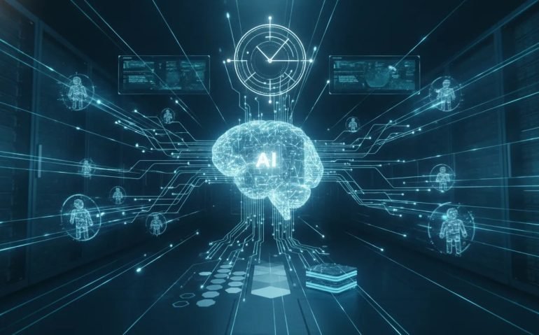 Futuristic illustration showing AI agents orbiting a central core with glowing network paths, efficient caching layers, and precise timing light rings representing a faster, lower-cost model upgrade.