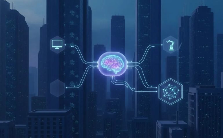 Futuristic illustration of a glowing AI core with connected agent threads extending to computer, automation, and research network elements, suggesting autonomous research and persistent AI skills in a modern Canadian tech atmosphere.