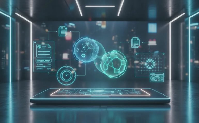 Futuristic illustration of two AI assistants collaborating with holographic controls representing watermark settings, research timeline history, browser automation, and document editing—no text.