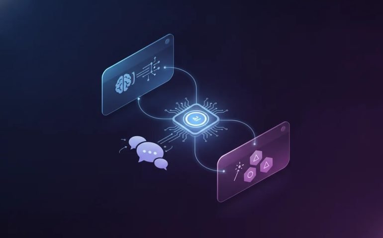 Illustration showing an AI assistant improved by three settings: memory import, transferring chat context, and using a prompt assistant to create reusable shortcuts