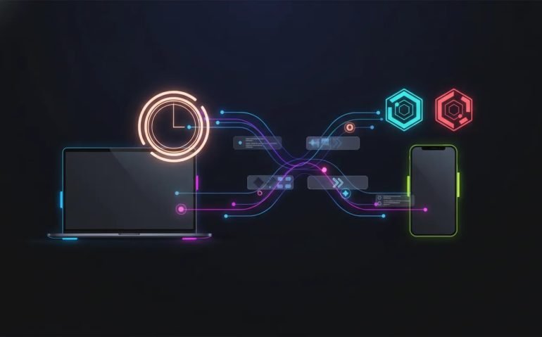 Futuristic illustration of AI automation flowing between a laptop and smartphone with glowing nodes representing continuous 24/7 work and dual model options, with no text.