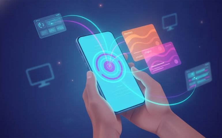 Illustration of a person creating AI automation recurring tasks from a smartphone with glowing connected networks and holographic workflow elements, no text.