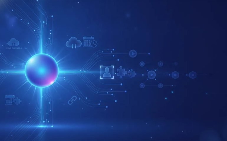 Abstract illustration of AI automating tasks with scheduled routines, cloud execution, recorded skills, and connected app workflows, rendered without any text.