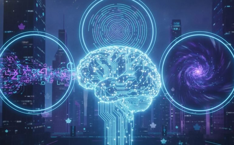 Surreal futuristic illustration of an AI breakthrough with glowing circuitry brain and three luminous portals representing rapid reasoning and benchmark-like patterns, in icy neon tones with no text.