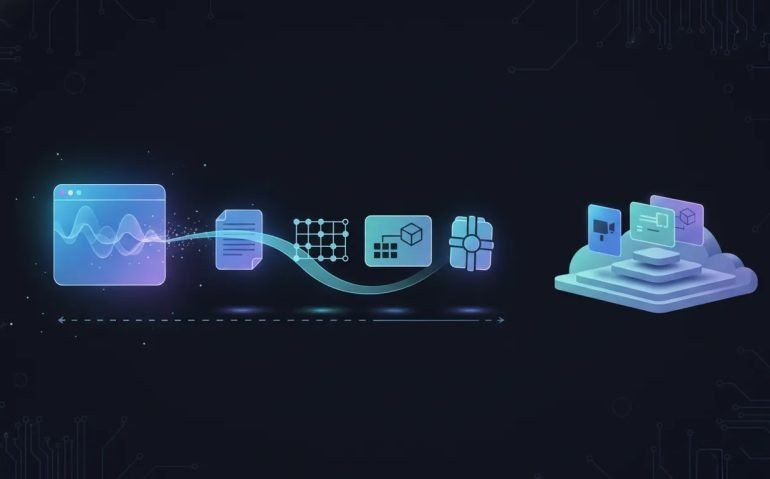 Futuristic illustration of AI transforming from a chat interface into downloadable deliverable files, symbolizing Gemini’s new file export update
