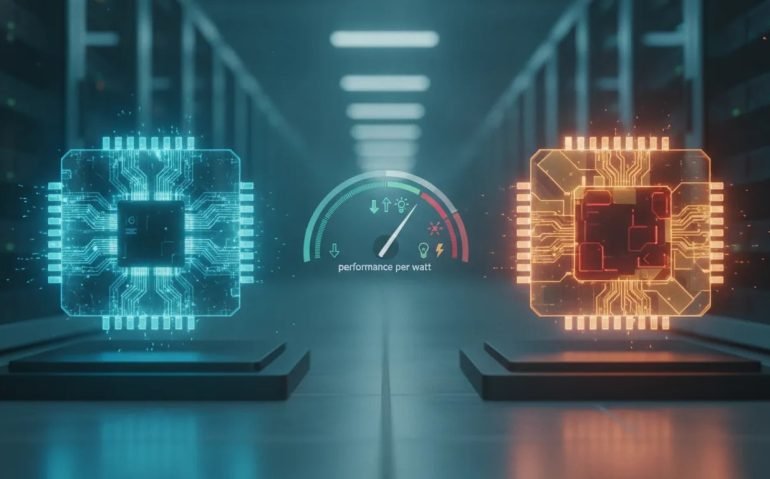 Futuristic AI data center illustration with glowing rival microchips and an abstract energy-efficiency gauge representing performance per watt.