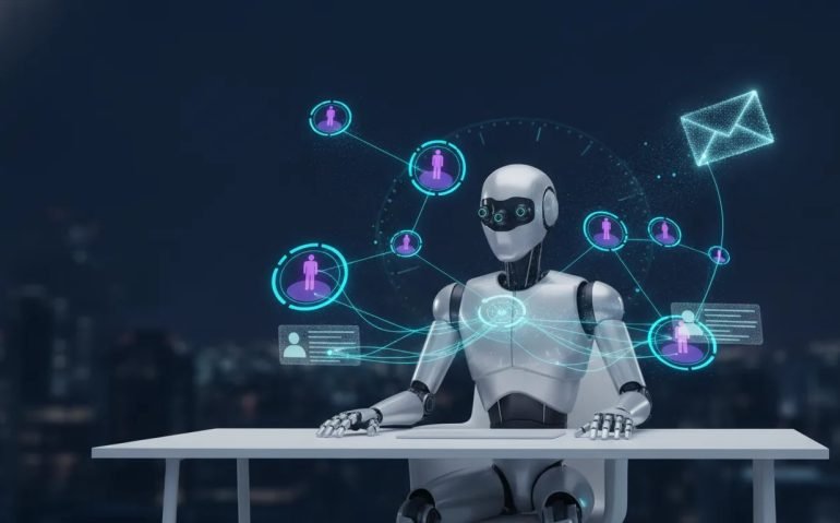 Futuristic AI agent automating client prospecting, lead enrichment, and personalized outreach at night with glowing data streams across a business network