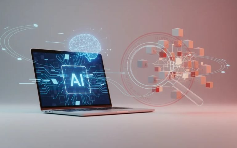 Editorial illustration showing an AI coding model being investigated through a network of model nodes, with a red warning visual to represent a Composer 2 licensing sourcing controversy.