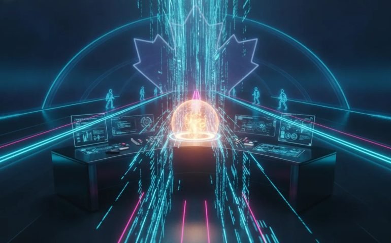 Futuristic holographic scene symbolizing a new AI coding model rapidly improving software development speed and performance, with abstract race cues and a subtle maple-leaf geometric background.