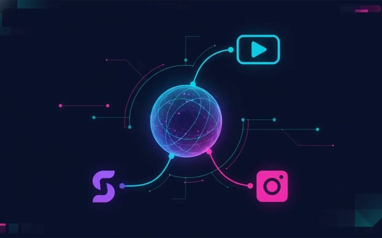 Abstract illustration of an AI hub connected to three social media platforms with glowing network lines and a futuristic analytics dashboard, no text.