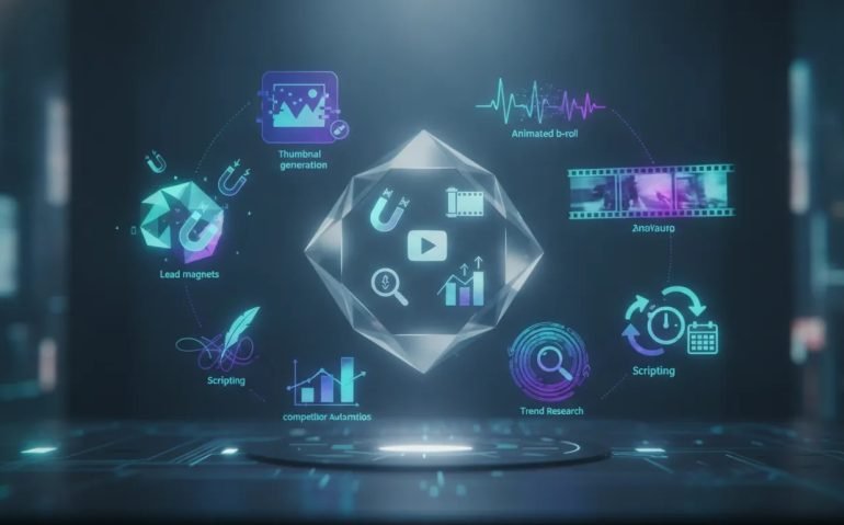Futuristic AI workspace with holographic hub and icon-based visual elements representing automated content creation for creators.