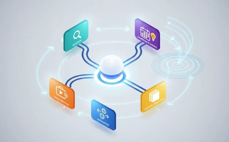 Illustration of an AI content creation workflow with a central hub connected to panels for research, campaign planning, video creation, carousel generation, and automation.