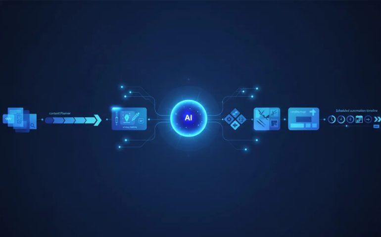 Illustration showing an AI automation workflow connecting research, content creation, repurposing, ad creative, landing pages, and scheduled marketing tasks in a connected tech workspace.