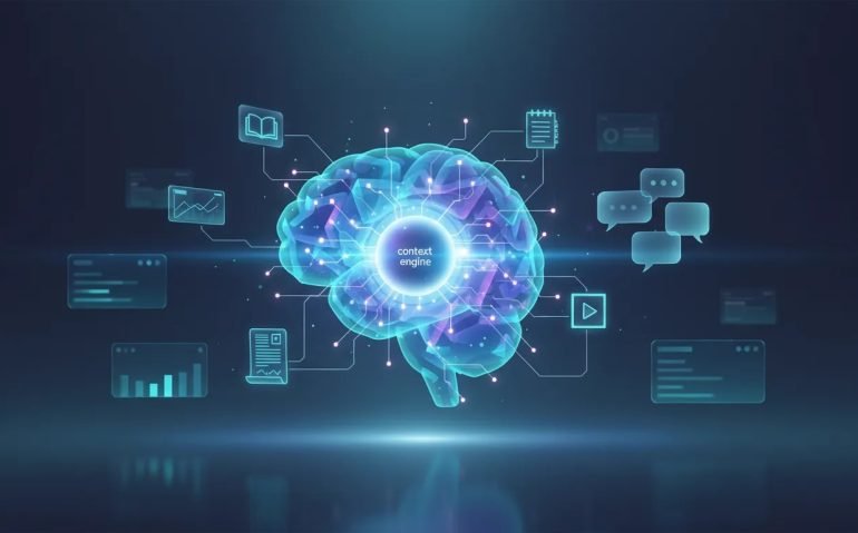 Futuristic visual metaphor of an AI context engine with connected memory layers and knowledge sources feeding a central core, shown with abstract chat bubbles and glowing nodes—no text.