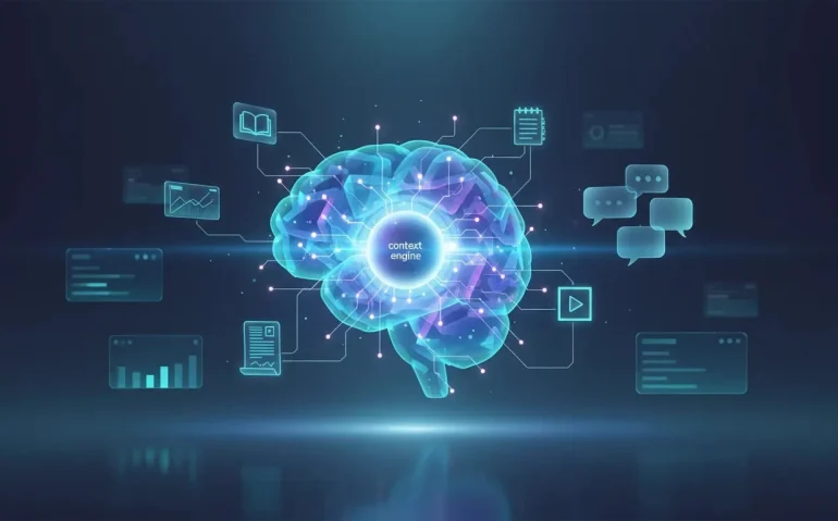 Futuristic visual metaphor of an AI context engine with connected memory layers and knowledge sources feeding a central core, shown with abstract chat bubbles and glowing nodes—no text.