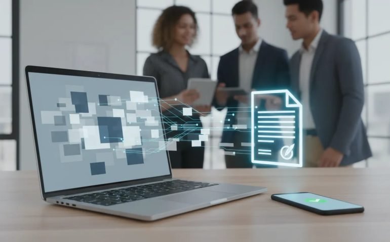 A photorealistic scene of an AI contract generator concept with a laptop and holographic contract panels forming quickly on a modern desk, representing fast agreement creation for creators and small businesses.