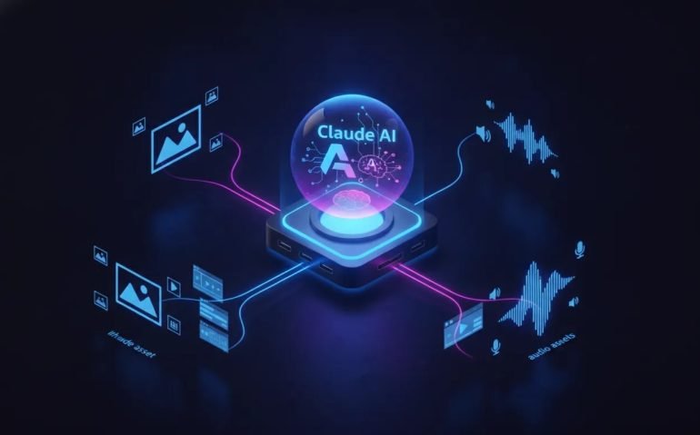 Abstract tech illustration of an AI creative pipeline with a central hub connecting to image, video, and audio asset streams, symbolizing Claude AI powered by an MCP workflow.