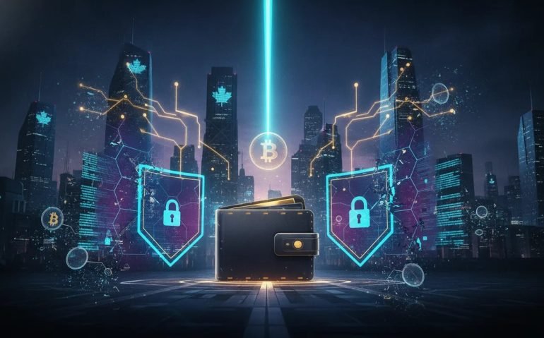 Futuristic illustration showing AI scanning for crypto and cybersecurity vulnerabilities with a glowing hardware wallet, encrypted shields, and a dramatic attempted theft.