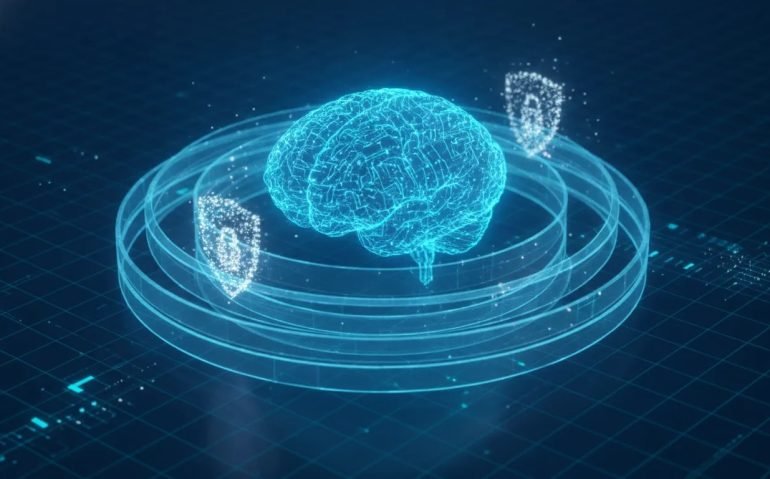 Futuristic AI brain with glowing circuit loops and a cybersecurity shield motif, symbolizing inspectability challenges in advanced AI systems.