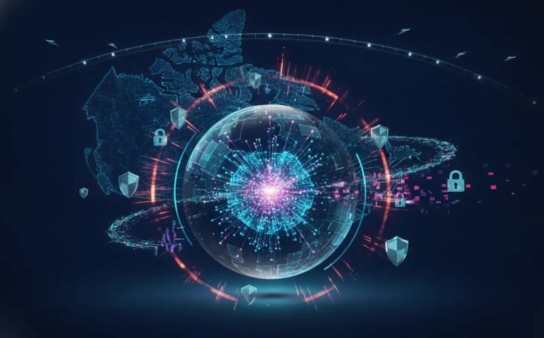 Futuristic illustration of a glowing AI core inside a protective sphere with abstract cybersecurity warnings, circuits, and data locks symbolizing the risks and wake-up call around advanced AI models.