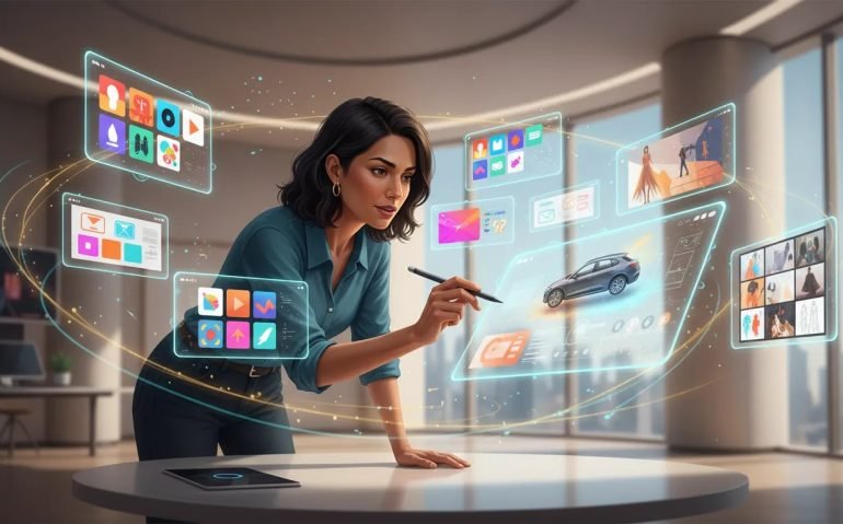 Designer interacting with an AI-powered canvas surrounded by floating panels showing social posts, UI layouts, 3D mockups and fashion sketches