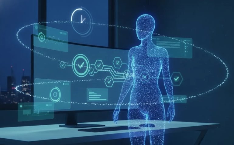 Futuristic illustration of a holographic AI digital worker coordinating multi-stage tasks and progressing through checks on a glowing network display at night.