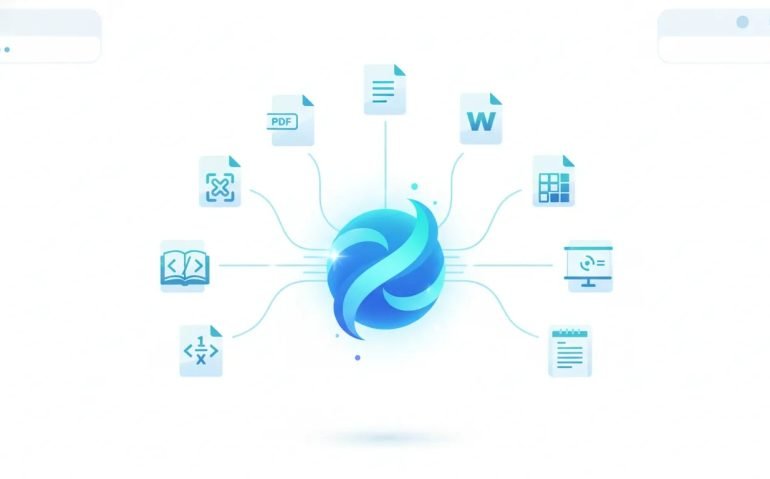 Illustration of an AI assistant generating multiple document file types from a central interface, shown through floating icons with no text.