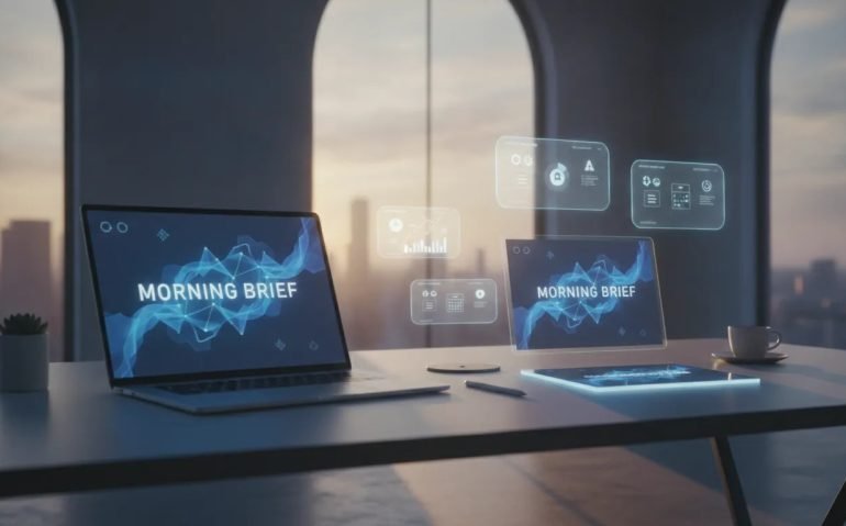 Cinematic image of an executive desk at dawn with holographic AI-style morning brief cards floating above a laptop, symbolizing an always-on AI assistant that prepares updates automatically.