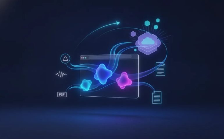 A futuristic browser extension visual showing holographic data flowing into three AI cores and merging into a unified personal knowledge base cloud, with abstract video, podcast, PDF, and note symbols.