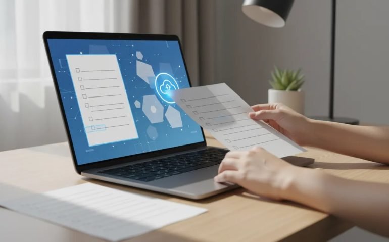 Person uploading a blank form to an AI assistant on a laptop, with guidance highlighting fields as the form is filled automatically