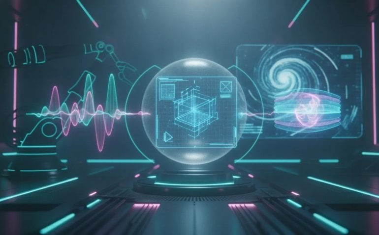 Cinematic 3D holographic scene representing AI advancements in music generation, CAD design, medical imaging, robotics, and storm forecasting with no text.