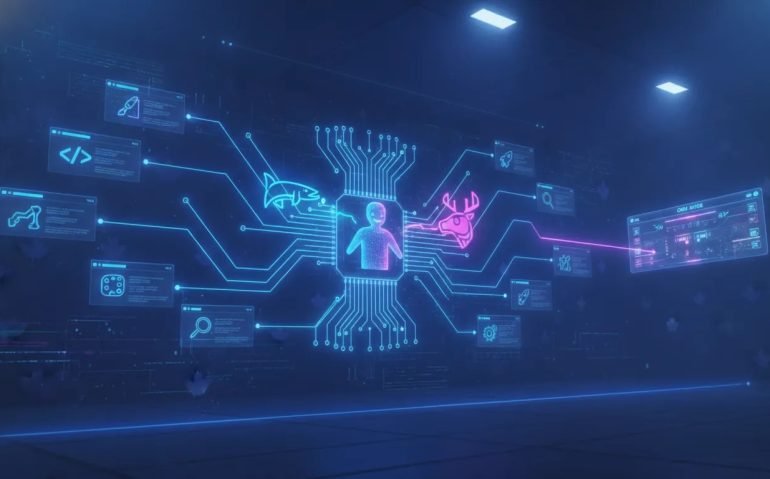 Futuristic holographic tournament scene showing an AI “coach” connecting code, testing, and deployment concepts for an online game built from an idea—no text.
