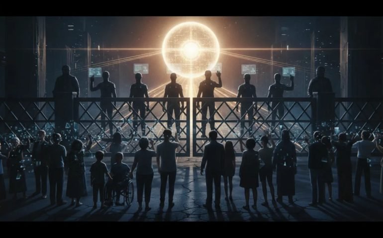 Futuristic city scene showing AI gatekeeping, where a glowing high-tech core is behind a locked barrier and a diverse group receives dim, limited holographic access while an authorized group has bright access