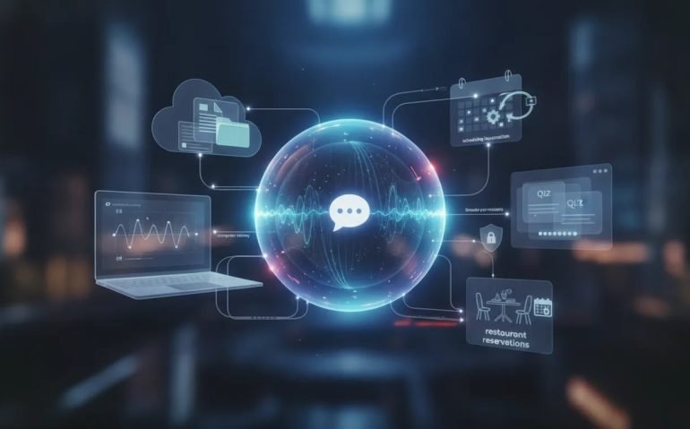 Illustration of a central AI hub connected to visual icons for computer history, file access, scheduling automation, quizzes, restaurant reservations, and permissions—no text.