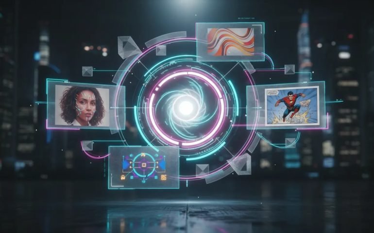 Futuristic holographic interface showing multiple AI-generated design outputs, representing a major leap in image realism, accuracy, and editing